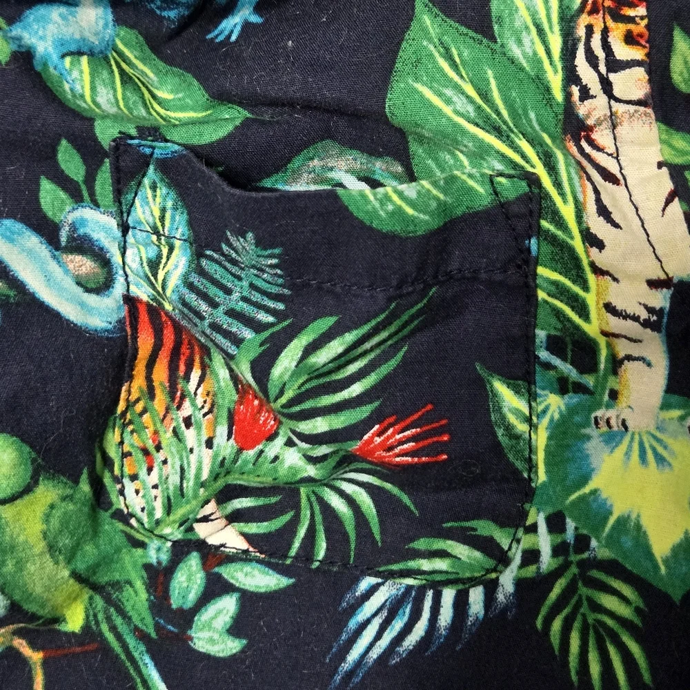 TCP toddler Hawaiian jungle animals button down shirt, tiger parrot crocodile 3T